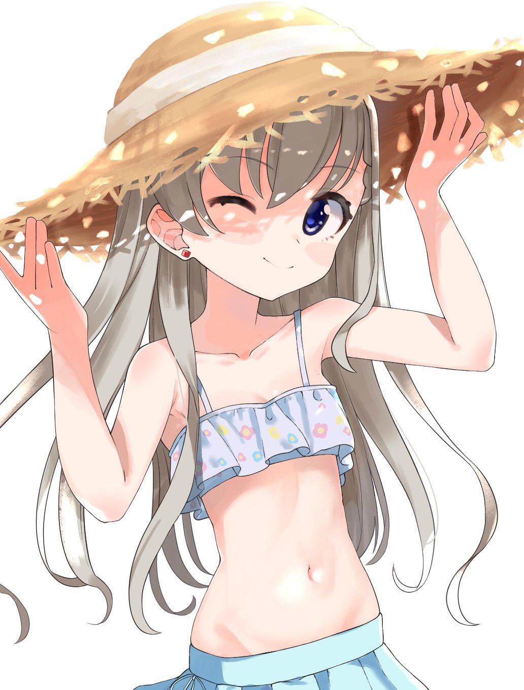 1girl ;) arm_up armpits bangs bare_arms bare_shoulders bikini bikini_top blue_eyes blue_skirt blush_stickers brown_headwear closed_mouth commentary_request earrings eyebrows_visible_through_hair floral_print grey_bikini grey_hair hair_between_eyes hand_on_headwear hand_up hat highres hisakawa_hayate idolmaster idolmaster_cinderella_girls idolmaster_cinderella_girls_starlight_stage jewelry long_hair looking_at_viewer navel one_eye_closed print_bikini shiwa_(siwaa0419) simple_background skirt smile solo straw_hat stud_earrings swimsuit very_long_hair white_background