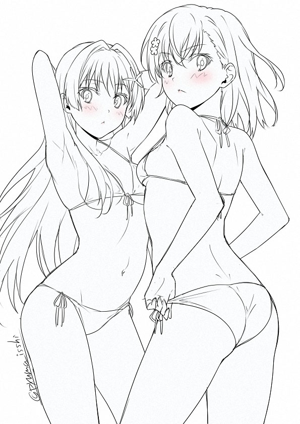 1girl arm_behind_head armpits arms_up ass bikini breasts cowboy_shot front-tie_top lineart long_hair looking_at_viewer misaka_mikoto monochrome puma_(hyuma1219) saten_ruiko short_hair side-tie_bikini small_breasts solo standing swimsuit to_aru_kagaku_no_railgun to_aru_majutsu_no_index twitter_username