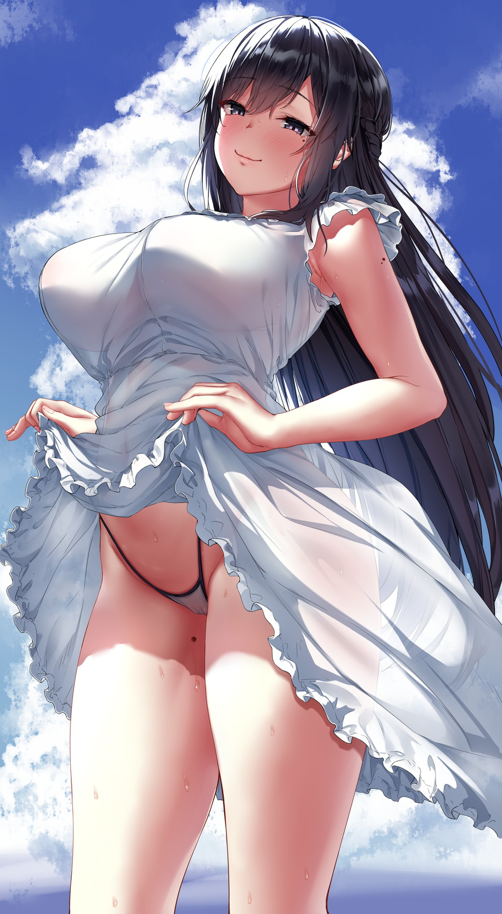 1girl bangs bikini bikini_bottom black_hair blue_sky blush braid breasts closed_mouth clouds cloudy_sky commentary_request day dress eyebrows_visible_through_hair fingernails grey_eyes highleg highleg_bikini highres jaku_denpa large_breasts lifted_by_self lips miyamae_shiho_(jaku_denpa) mole mole_on_arm mole_on_thigh mole_under_eye original outdoors see-through shiny shiny_hair simple_background skirt_hold sky sleeveless smile solo sweat sweatdrop swimsuit swimsuit_under_clothes tied_hair white_dress