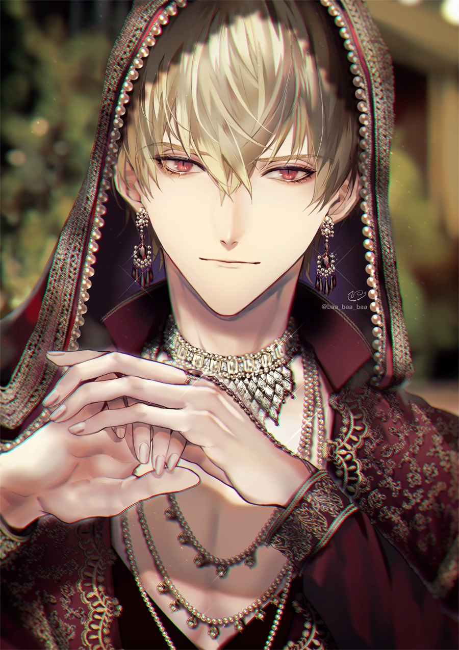 1boy bead_necklace beads blonde_hair blurry blurry_background closed_mouth earrings embroidery eyelashes fate/grand_order fate_(series) fingernails gem gilgamesh glint hair_between_eyes highres jewelry light_particles long_sleeves looking_at_viewer making-of_available male_focus necklace own_hands_together red_eyes ring sakura_hitsuji slit_pupils smile solo upper_body veil