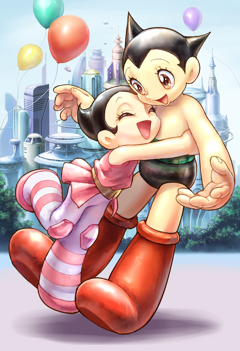 1boy 1girl android antennae atom_(tetsuwan_atom) balloon belt black_hair boots brother_and_sister brown_eyes building city cityscape closed_eyes commentary_request dress eyelashes flying flying_car hanzoumon_(purinn1014) happy highres hug pointy_hair robot science_fiction shorts siblings size_difference skirt tetsuwan_atom thigh-highs tree uran_(tetsuwan_atom) window