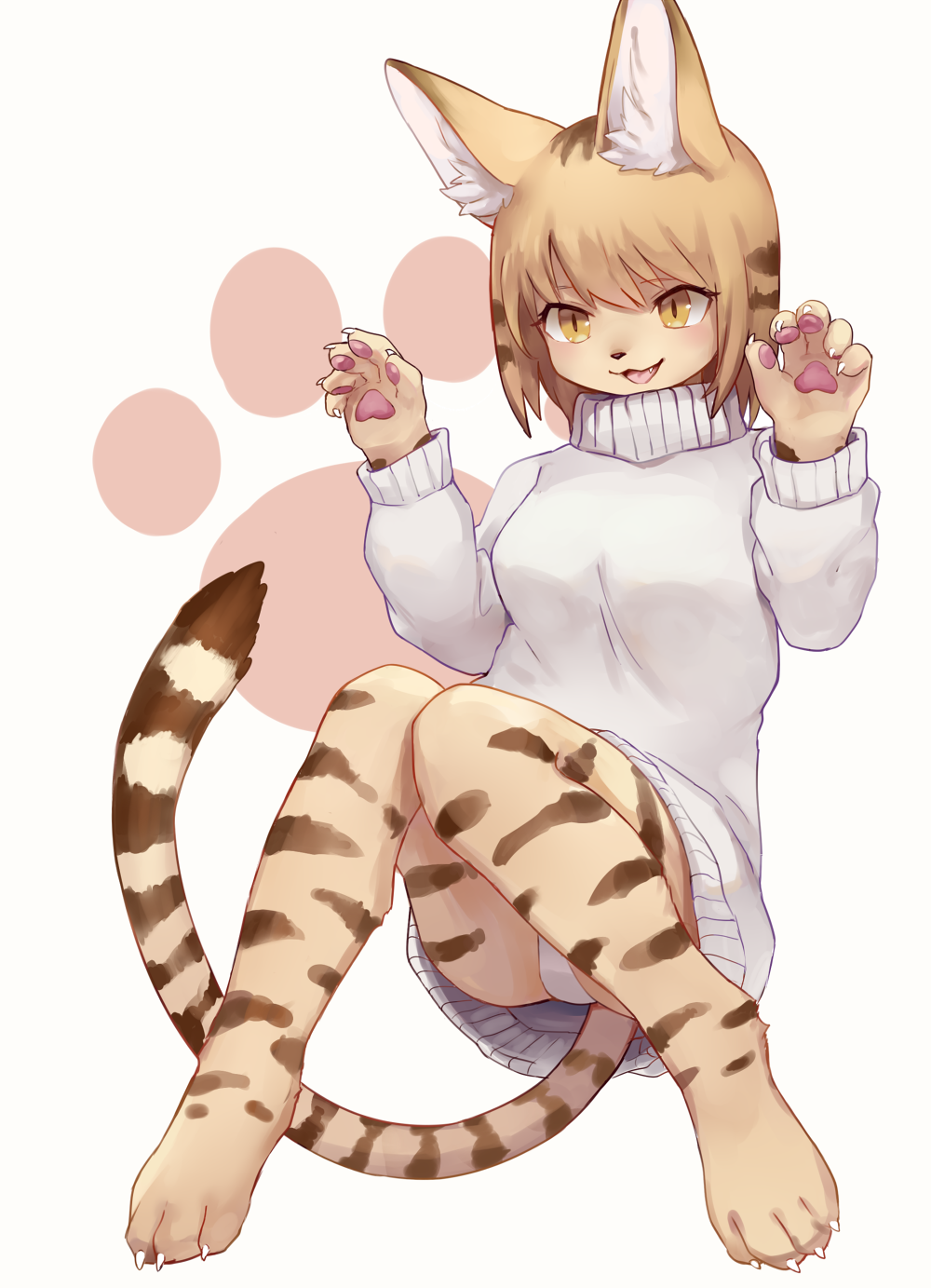 1girl animal_ear_fluff animal_ears animal_nose bangs blonde_hair blush breasts cat cat_ears cat_girl cat_tail claws commentary_request erumeruta furry highres knees_together_feet_apart looking_away medium_breasts open_mouth original panties panty_peek paw_pose pawpads simple_background slit_pupils solo striped_fur sweater tail underwear white_background white_fur white_panties white_sweater yellow_eyes