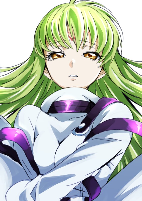 1girl bangs bodysuit breasts breasts_apart c.c. code_geass eyebrows_visible_through_hair floating_hair green_hair half-closed_eyes long_hair looking_at_viewer medium_breasts parted_lips shiny shiny_hair solo tsukikage_oyama upper_body very_long_hair white_background white_bodysuit yellow_eyes