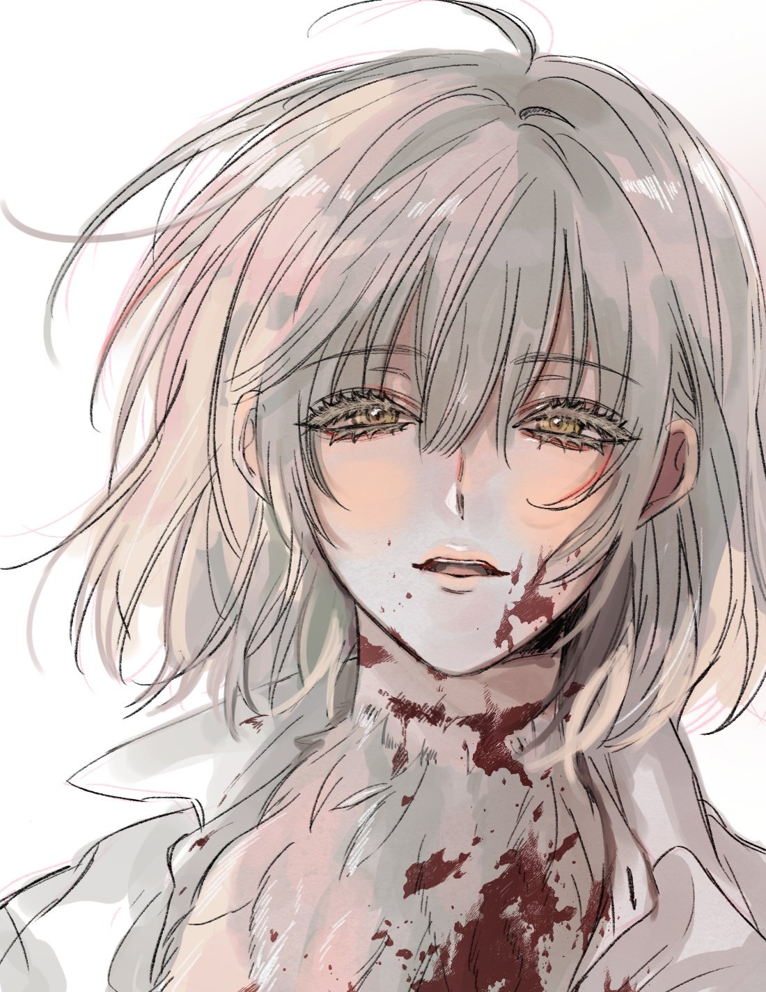 1girl blonde_hair blood blood_on_face brown_eyes cuts dungeon_meshi eyelashes falin_thorden feathers highres injury light_smile looking_at_viewer monster_girl parted_lips portrait short_hair silver_hair simple_background solo spoilers vvizojiqwe_88