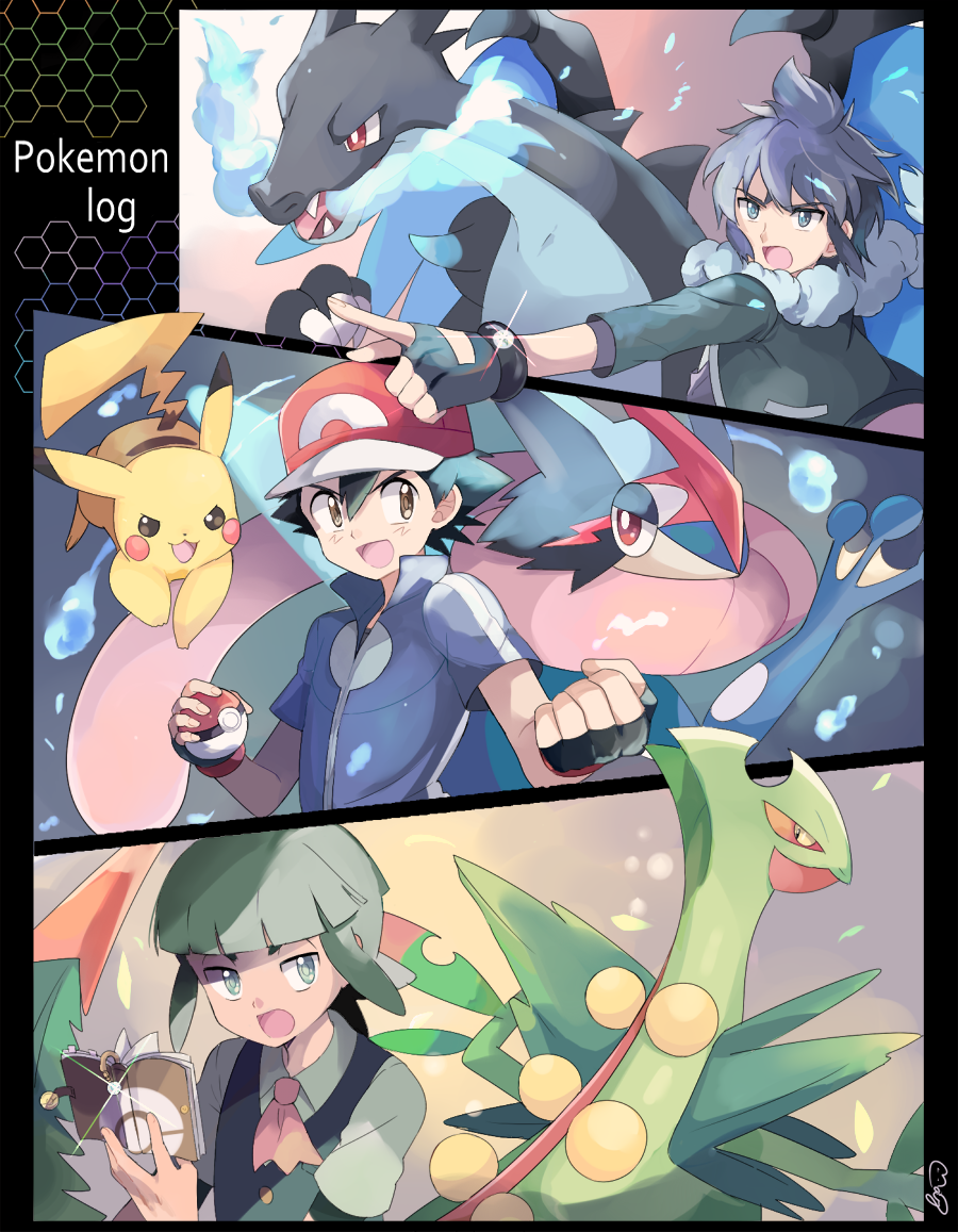 3boys :d alan_(pokemon) ascot ash-greninja bangs baseball_cap black_border black_coat black_gloves black_hair blue_eyes blue_fire blue_jacket blunt_bangs book border bracelet brown_eyes charizard coat collared_shirt copyright_name dark_skin dark_skinned_male fangs fingerless_gloves fire fur_trim gen_1_pokemon gen_3_pokemon gen_6_pokemon glint gloves green_eyes green_hair greninja hat holding holding_book holding_poke_ball jacket jewelry leaf looking_at_viewer looking_to_the_side male_focus mega_charizard_x mega_pokemon mega_ring mega_sceptile mei_(maysroom) multiple_boys open_book open_mouth pikachu pointing poke_ball poke_ball_(generic) poke_ball_symbol pokemon pokemon_(anime) pokemon_(creature) pokemon_xy_(anime) red_eyes satoshi_(pokemon) sceptile shirt shouta_(pokemon) smile starter_pokemon water white_shirt