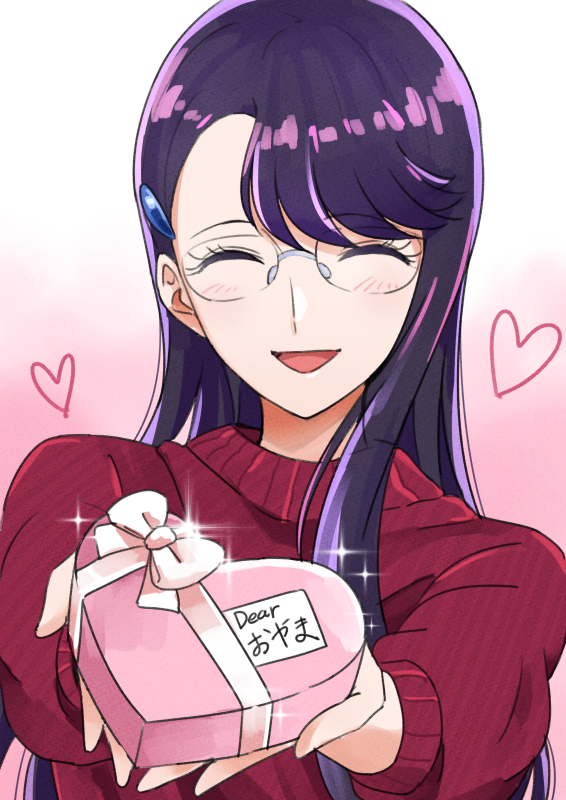 1girl :d asymmetrical_bangs bangs blush bow box closed_eyes facing_viewer glasses heart heart-shaped_box heartcatch_precure! holding holding_box long_hair open_mouth pink_bow precure purple_hair red_sweater ribbed_sweater rimless_eyewear shiny shiny_hair smile solo sweater swept_bangs tsukikage_oyama tsukikage_yuri valentine white_background