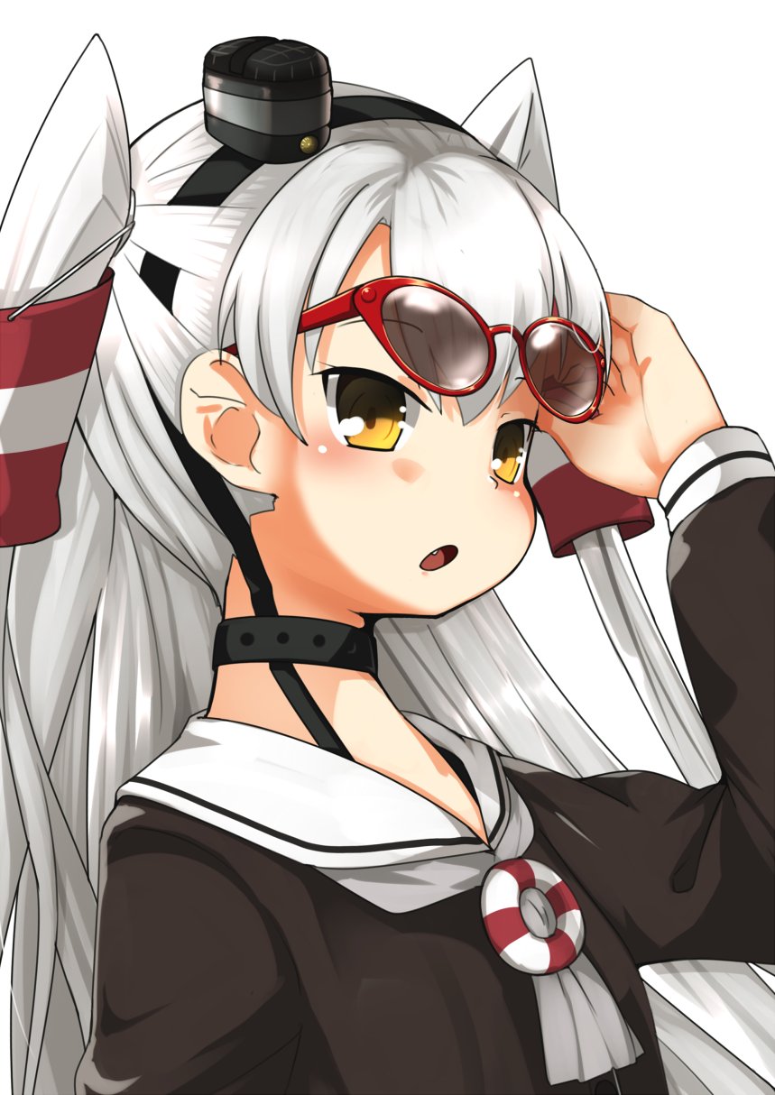 1girl amatsukaze_(kantai_collection) bangs bespectacled blush brown_dress brown_eyes choker dress fang glasses hair_tubes hairband highres innertube kantai_collection long_hair long_sleeves nassukun open_mouth red-framed_eyewear sailor_collar sailor_dress silver_hair simple_background solo two_side_up upper_body white_background