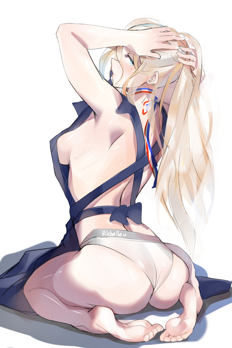 1girl apron armpits arms_up ass ayakumo back bare_shoulders barefoot blonde_hair blue_apron blue_eyes blush breasts eyebrows_visible_through_hair french_flag full_body hair_between_eyes highres kantai_collection large_breasts long_hair looking_at_viewer looking_back mole mole_under_eye panties richelieu_(kantai_collection) shadow sitting soles solo underwear white_background white_panties