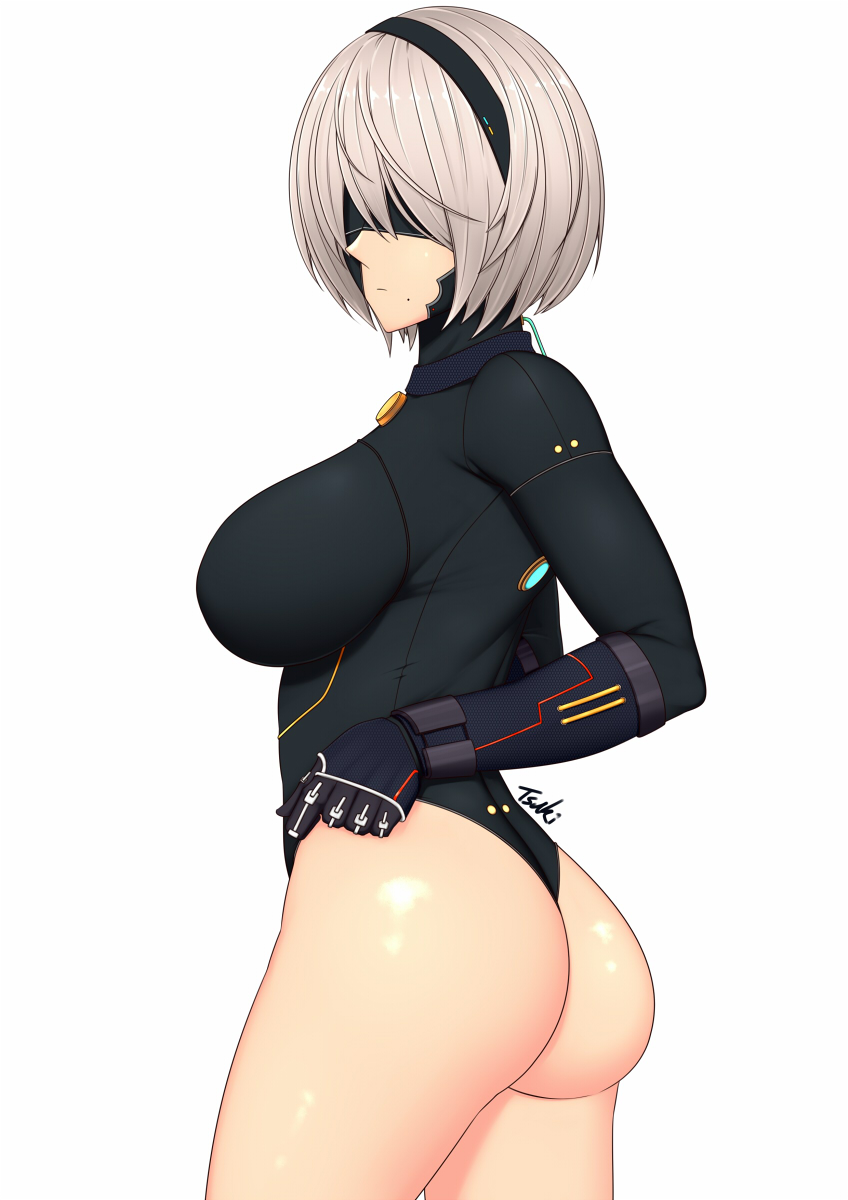 1girl adjusting_clothes ass black_blindfold black_bodysuit black_gloves black_leotard blindfold bodysuit breasts closed_mouth gloves highres large_breasts leotard mole mole_under_mouth nier_(series) nier_automata ryu_seung solo thighs white_hair yorha_no._2_type_b