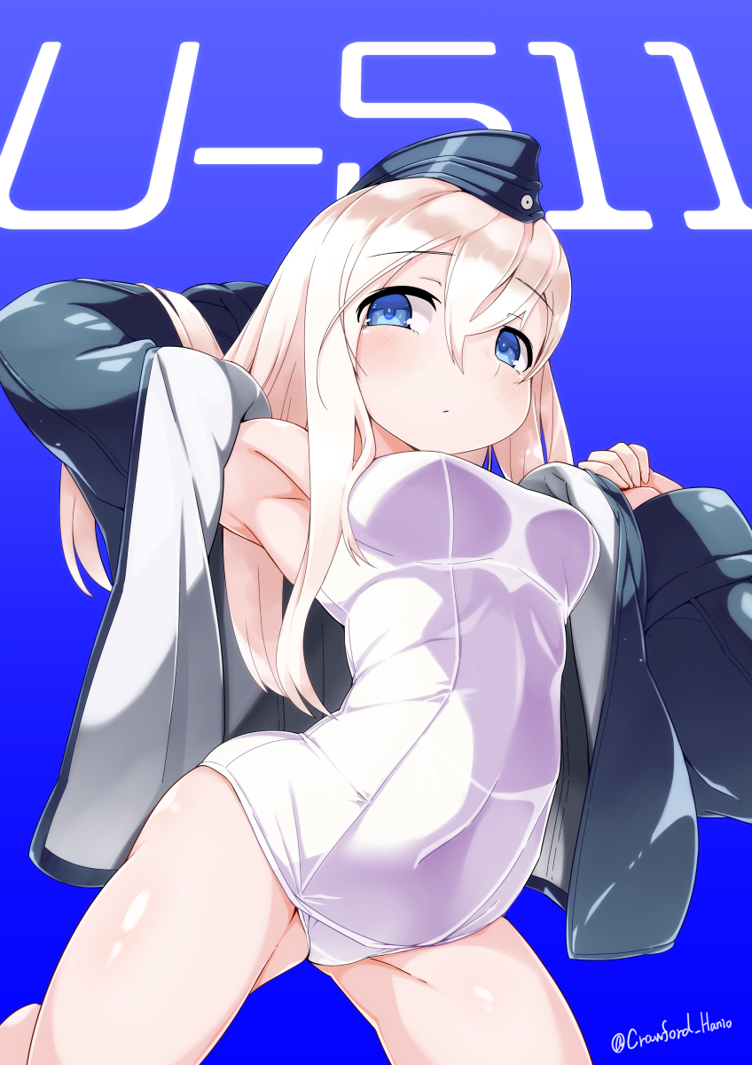 1girl armpits black_headwear black_jacket blonde_hair blue_background blue_eyes character_name commentary_request from_below garrison_cap haniyama_kurofo hat highres jacket kantai_collection kneeling long_hair looking_at_viewer school_swimsuit simple_background solo swimsuit twitter_username u-511_(kantai_collection) white_school_swimsuit white_swimsuit
