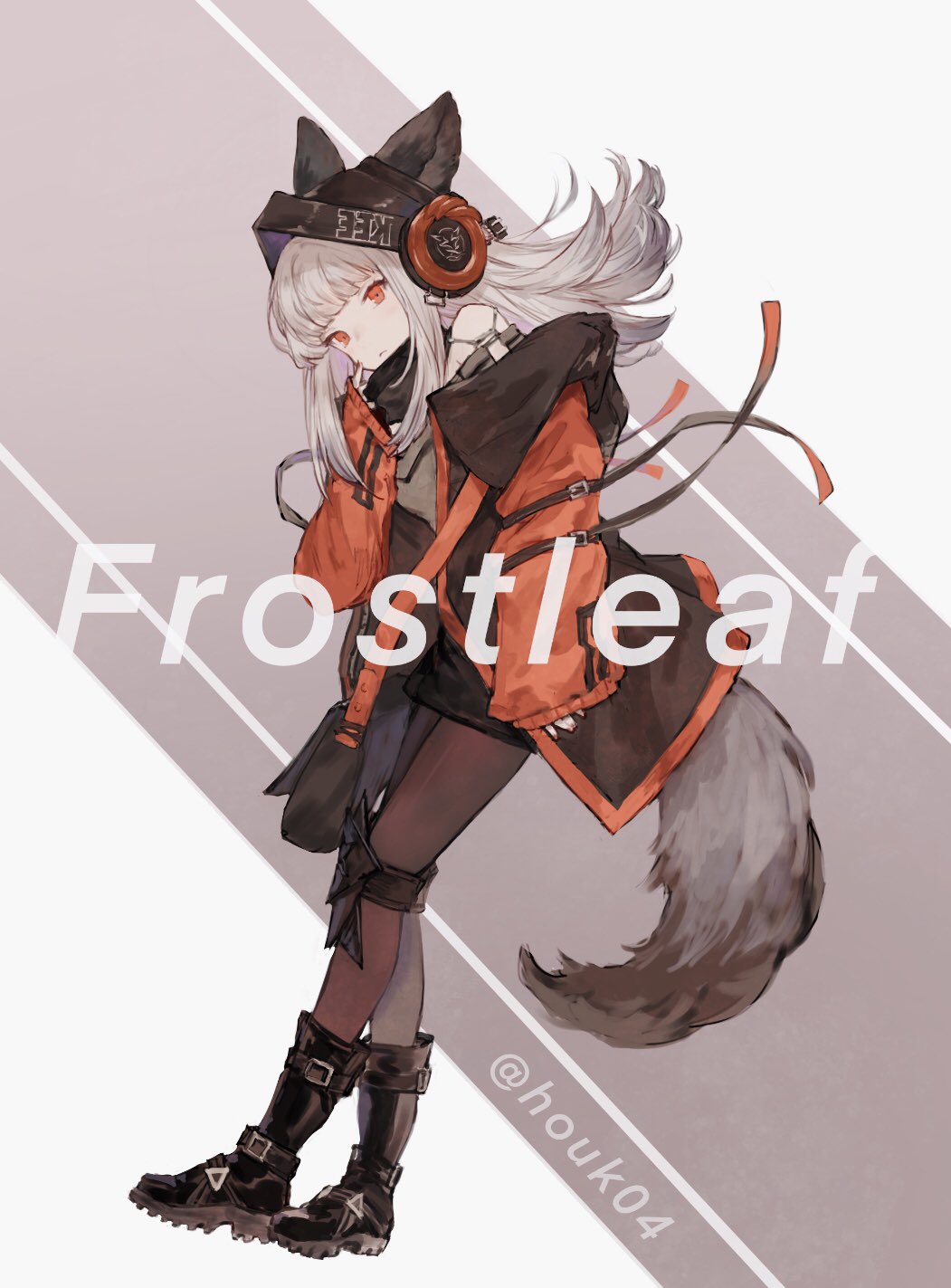 1girl animal_ears arknights bangs black_footwear black_headwear black_legwear black_scarf black_shorts blunt_bangs boots breasts character_name closed_mouth commentary expressionless fox_ears fox_tail frostleaf_(arknights) full_body grey_background grey_shirt hat headphones highres jacket knee_pads leaning_forward long_hair looking_at_viewer nail_polish off-shoulder_shirt off_shoulder pantyhose red_jacket red_nails scarf shirt short_shorts shorts shushu_(houk04) silver_hair simple_background sleeves_past_wrists small_breasts solo tail twitter_username