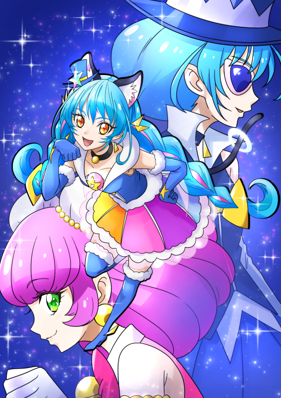 3girls :d animal_ears bangs blue-tinted_eyewear blue_background blue_cat blue_footwear blue_gloves blue_hair blue_headwear boots cat_ears cat_tail choker closed_mouth collarbone cure_cosmo elbow_gloves floating_hair full_body fur-trimmed_boots fur-trimmed_gloves fur_trim gloves green_eyes hair_between_eyes hand_on_hip hat long_hair mao_(precure) mini_hat miniskirt multicolored multicolored_clothes multicolored_skirt multiple_girls open_mouth pink-framed_eyewear pink_hair precure shiny shiny_hair skirt smile star_twinkle_precure sunglasses tail thigh-highs thigh_boots tsukikage_oyama very_long_hair white_gloves yellow_eyes yuni_(precure) zettai_ryouiki