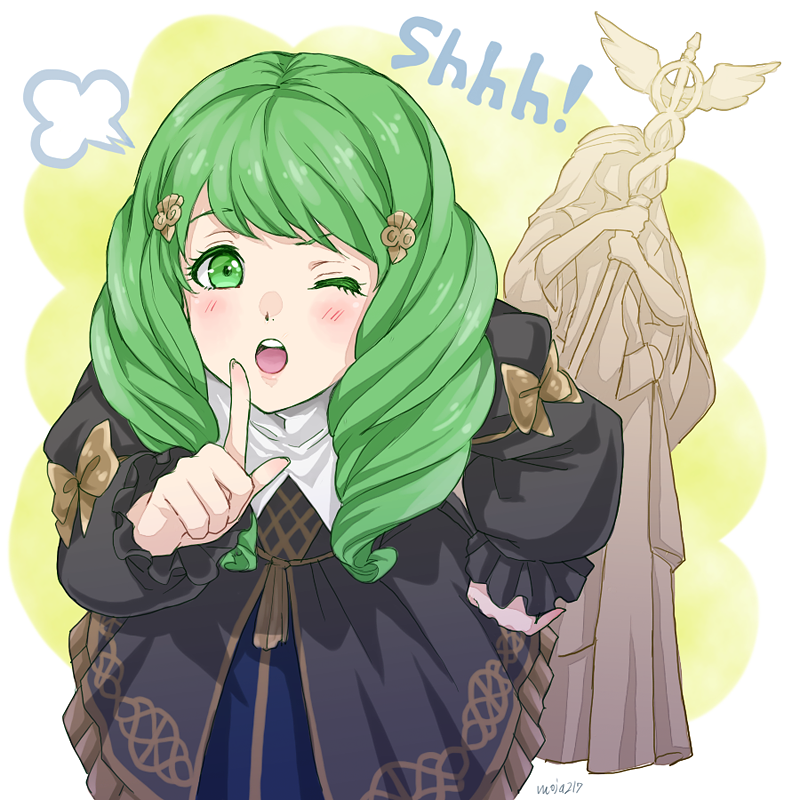 1girl bow fire_emblem fire_emblem:_three_houses flayn_(fire_emblem) garreg_mach_monastery_uniform green_eyes green_hair hair_ornament ichii_k long_hair long_sleeves one_eye_closed open_mouth solo statue uniform