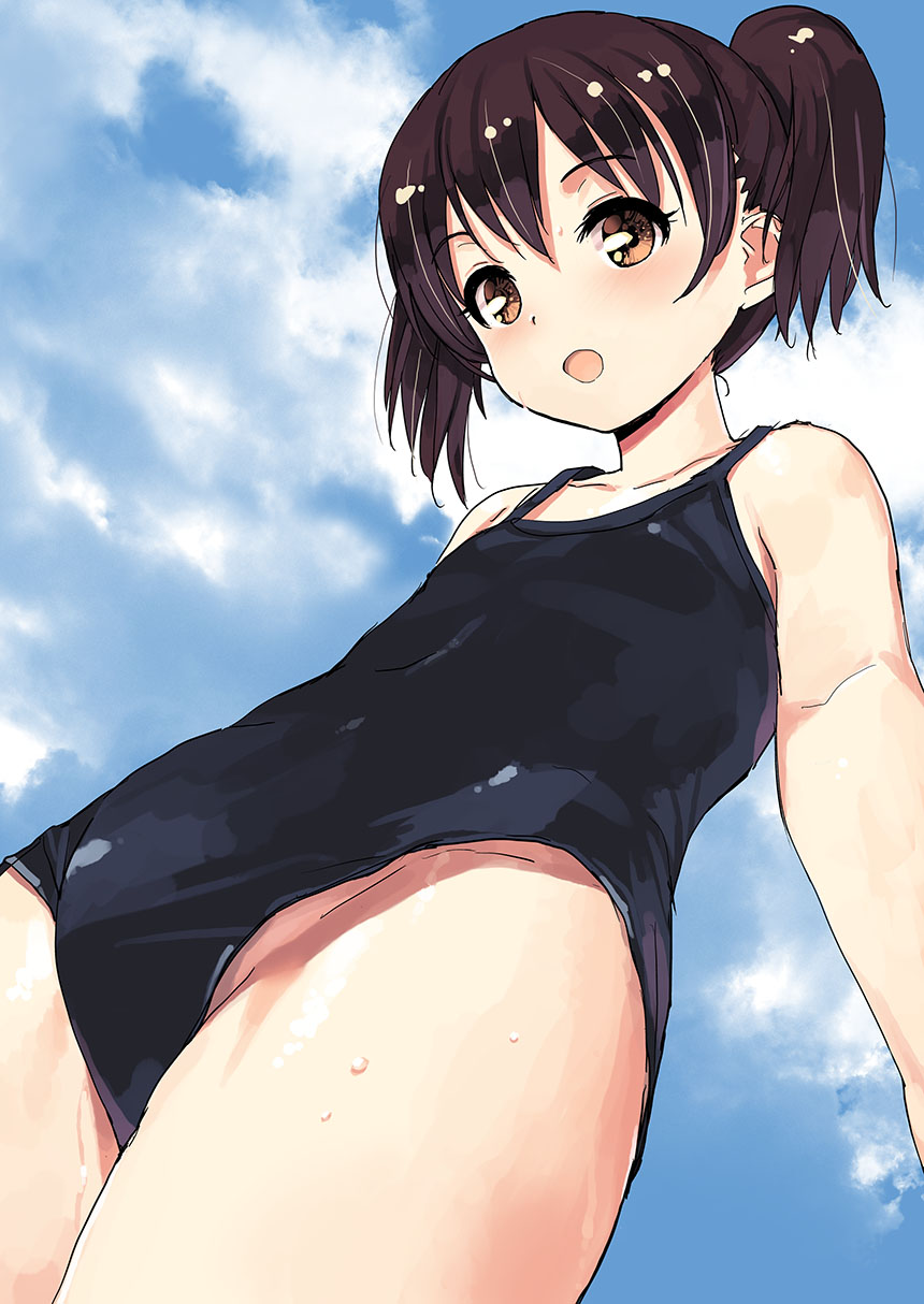 1girl black_hair black_swimsuit brown_eyes clouds from_below groin highres jiji one-piece_swimsuit open_mouth original outdoors short_hair sky solo swimsuit thighs twintails