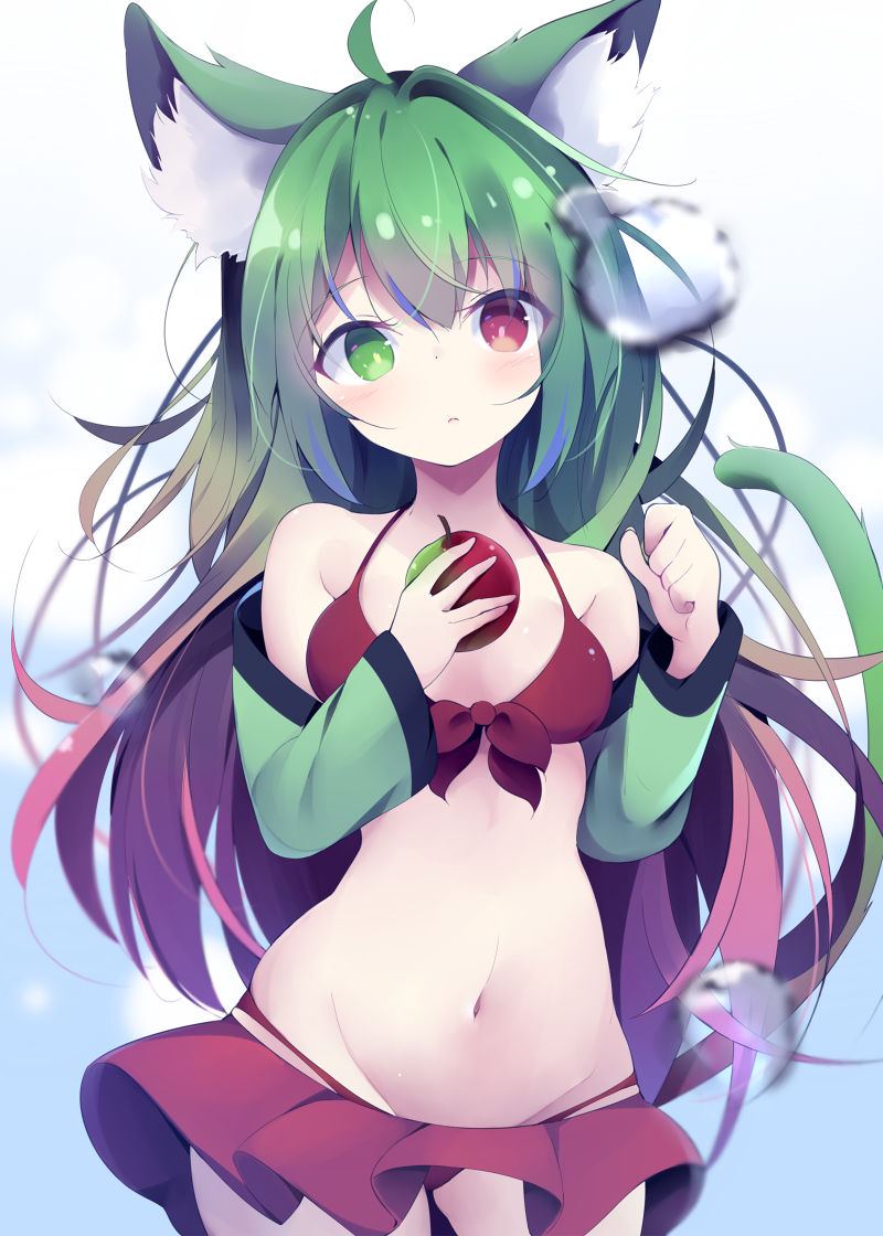 1girl ahoge animal_ear_fluff animal_ears apple bare_shoulders bikini bikini_skirt blurry blurry_foreground blush breasts cat_ears cat_girl cat_tail closed_mouth cowboy_shot depth_of_field food front-tie_bikini front-tie_top fruit gradient_hair green_apple green_eyes green_hair green_sleeves groin hands_up heterochromia holding holding_food kyuukon_(qkonsan) long_hair long_sleeves medium_breasts multicolored_hair navel original red_apple red_bikini red_eyes redhead single_hair_intake solo swimsuit tail tail_raised very_long_hair water_drop