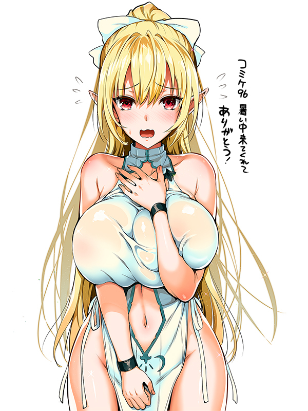 1girl blonde_hair blush bow breast_squeeze breasts clothing_cutout cowboy_shot dress embarrassed flying_sweatdrops hair_bow kojima_saya large_breasts looking_at_viewer navel navel_cutout open_mouth original ponytail red_eyes simple_background solo standing translation_request white_background white_bow white_dress wide-eyed