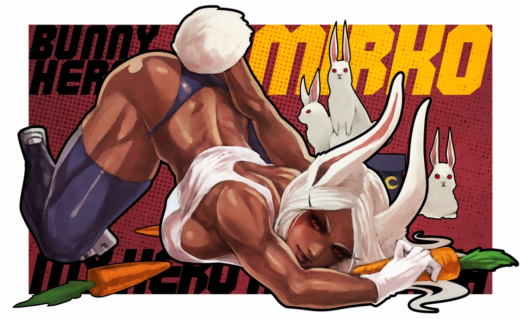 1girl animal_ears back bangs black_legwear black_panties boku_no_hero_academia breasts bunny_tail carrot character_name commentary english_commentary eyeshadow full_body large_breasts lips long_eyelashes long_hair makeup mirko monori_rogue muscle muscular_female nose panties parted_bangs paw_shoes rabbit rabbit_ears rabbit_girl red_eyes shoes sideboob solo tail tail_through_clothes tank_top thick_thighs thigh-highs thighs thong underwear white_hair