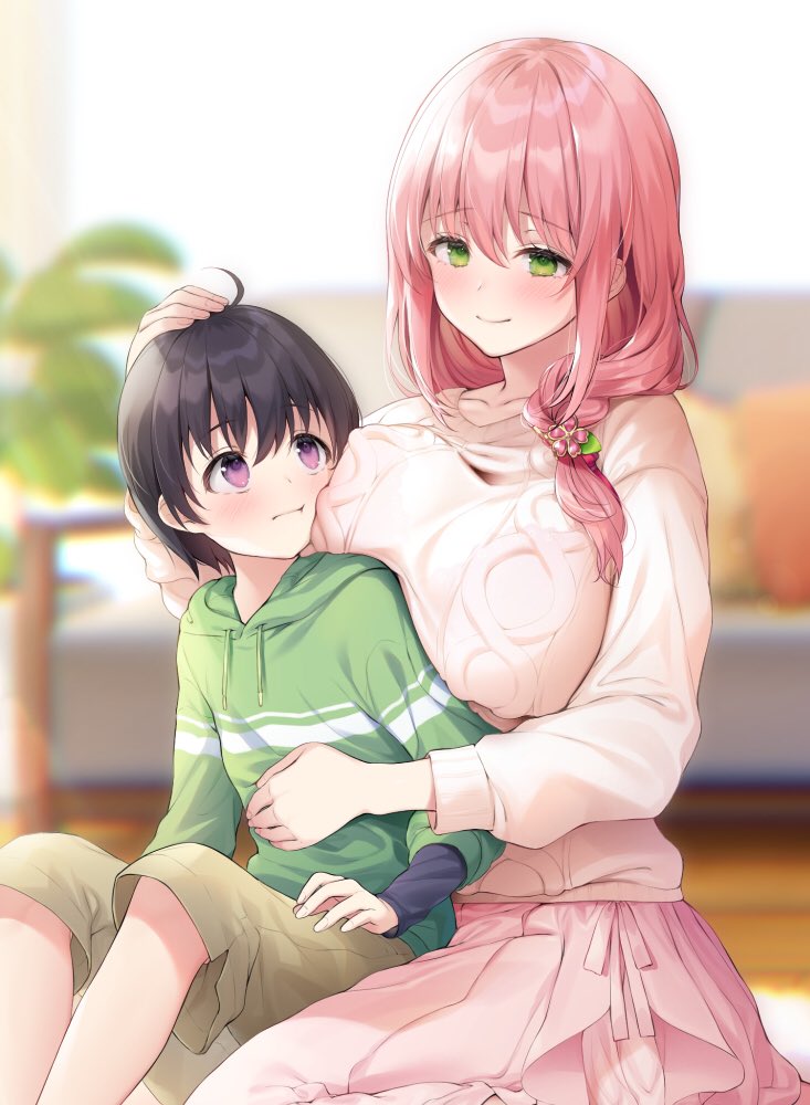 1boy 1girl ahoge bangs beige_shorts black_hair blurry blurry_background blush breast_press breasts closed_mouth commentary_request couch eyebrows_visible_through_hair green_eyes green_hoodie hair_between_eyes hand_on_another's_head hood hoodie indoors jiiwara large_breasts long_hair long_skirt looking_at_another low-tied_long_hair original pillow pink_hair pink_skirt pink_sweater plant shorts shota sitting skirt smile sweater violet_eyes wooden_floor