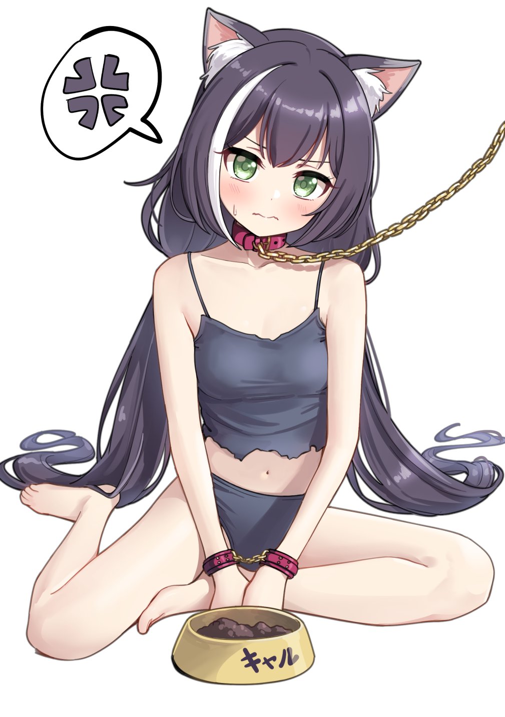 1girl anger_vein animal_ears barefoot black_hair black_panties bound bound_wrists bowl cat_ears collar cuffs deadnooodles green_eyes handcuffs highres karyl_(princess_connect!) leash long_hair midriff multicolored_hair navel panties pet_bowl princess_connect! princess_connect!_re:dive spoken_anger_vein streaked_hair underwear