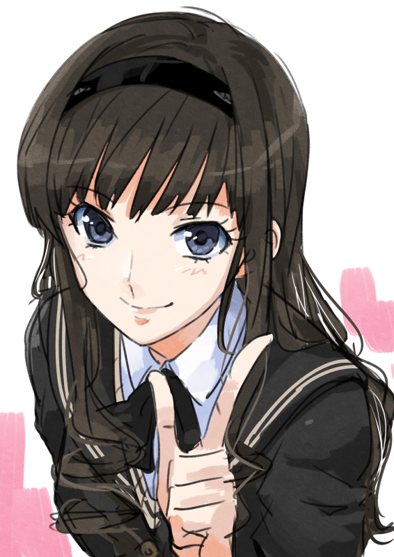 1girl amagami bangs black_hairband black_ribbon black_sailor_collar black_sweater blue_eyes brown_hair closed_mouth collared_shirt eyebrows_visible_through_hair hairband index_finger_raised leaning_forward long_hair looking_at_viewer morishima_haruka neck_ribbon ribbon sailor_collar school_uniform shirt sketch smile solo sweater tsukikage_oyama upper_body white_background white_shirt wing_collar