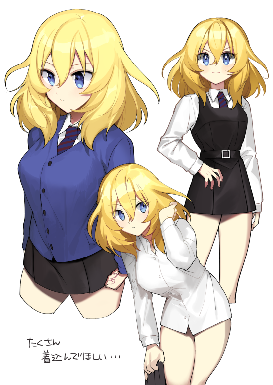 1girl bangs bc_freedom_school_uniform black_skirt black_vest blonde_hair blue_eyes blue_neckwear blue_sweater blush cardigan closed_mouth commentary cropped_legs dress_shirt dressing girls_und_panzer hand_in_hair hand_on_hip leaning_forward light_frown long_sleeves looking_at_viewer medium_hair messy_hair miniskirt necktie oshida_(girls_und_panzer) pleated_skirt school_uniform shirt simple_background skirt skirt_lift smile standing sweater tan3charge translated vest white_background white_shirt wing_collar