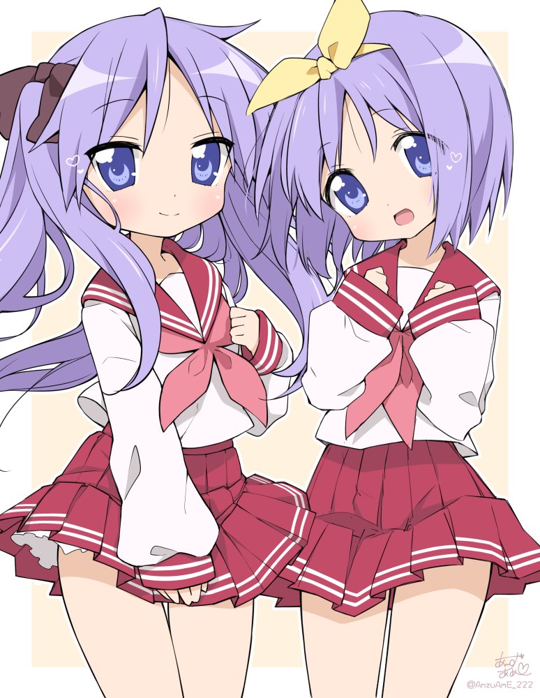 2girls anzu_ame blue_eyes commentary_request cowboy_shot hairband hiiragi_kagami hiiragi_tsukasa long_hair looking_at_viewer lucky_star multiple_girls neckerchief pleated_skirt purple_hair red_neckwear red_sailor_collar red_skirt ryouou_school_uniform sailor_collar school_uniform serafuku short_hair siblings sisters skirt standing twins twintails