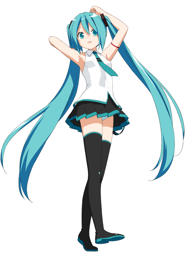1girl aqua_eyes aqua_hair aqua_neckwear armpits arms_up bare_shoulders belt black_legwear black_skirt boots commentary from_below full_body hair_ornament hand_behind_head hatsune_miku long_hair looking_at_viewer miniskirt necktie open_mouth panties pantyshot peko pleated_skirt shirt shoulder_tattoo skirt sleeveless sleeveless_shirt smile solo striped striped_panties tattoo thigh-highs thigh_boots twintails underwear very_long_hair vocaloid vocaloid_(lat-type_ver) white_background white_shirt
