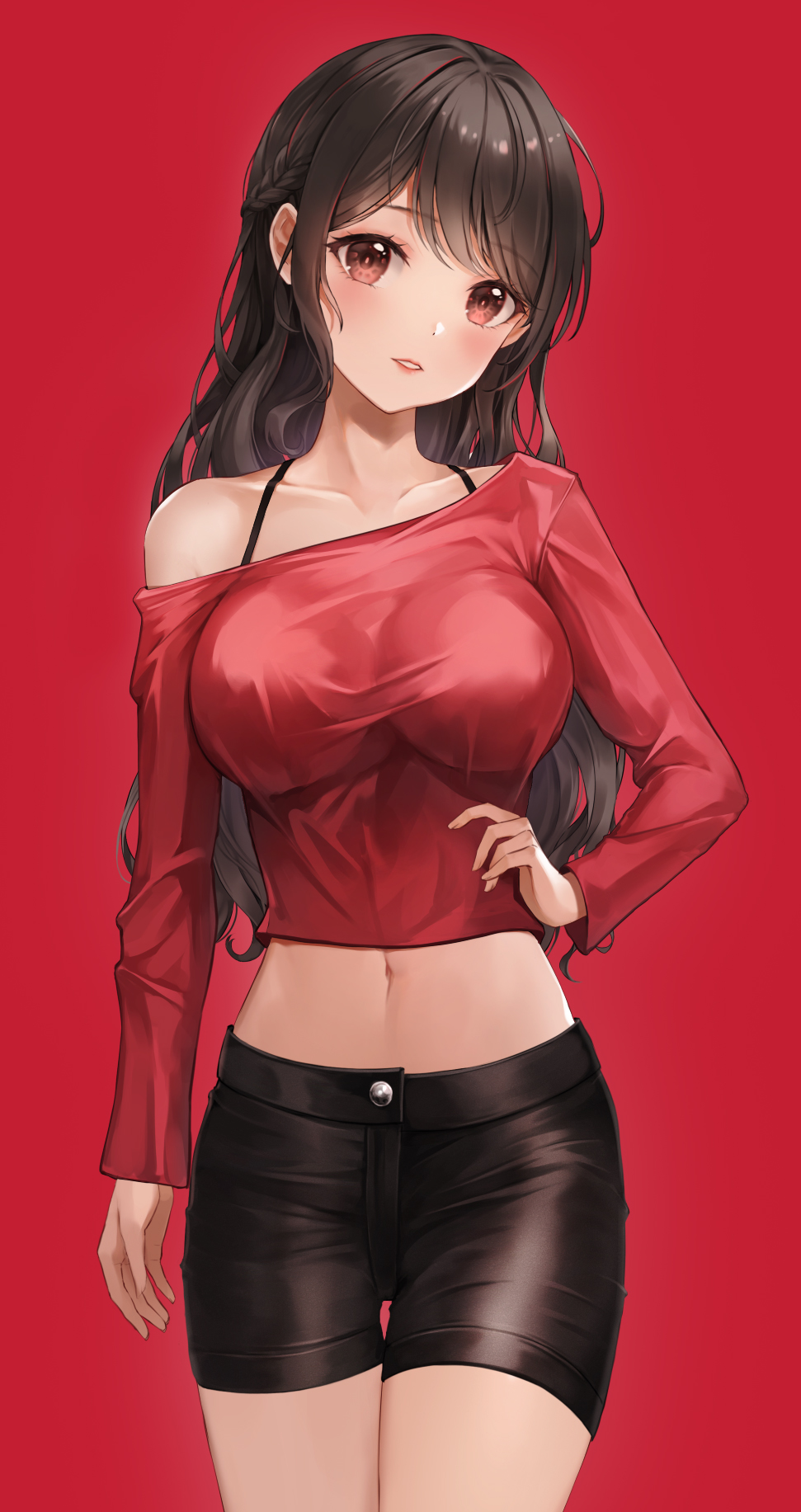 1girl bare_shoulders black_hair black_shorts bra_strap braid breasts buttons collarbone cowboy_shot crop_top hand_on_hip highres large_breasts long_hair long_sleeves looking_at_viewer lunacle midriff navel off-shoulder_shirt off_shoulder original parted_lips red_background red_eyes red_shirt shirt short_shorts shorts sidelocks simple_background solo standing stomach thigh_gap