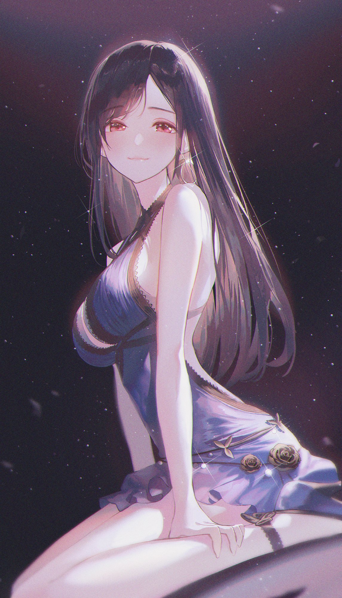 1girl ankle_strap bare_arms bare_shoulders black_background black_hair blue_dress breasts dress earrings final_fantasy final_fantasy_vii final_fantasy_vii_remake glint highres jewelry long_hair looking_at_viewer medium_breasts red_eyes seol short_dress sitting sleeveless sleeveless_dress smile solo tifa_lockhart