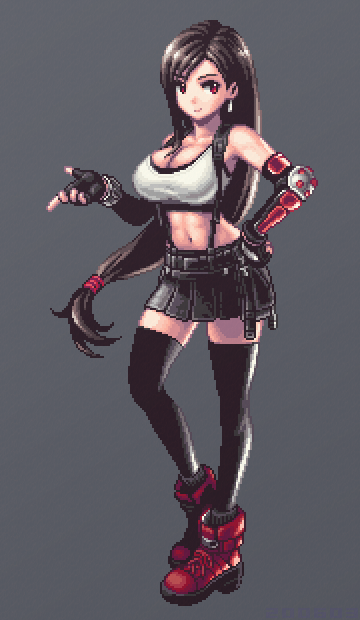 1girl artist_request black_skirt earrings elbow_gloves elbow_pads final_fantasy final_fantasy_vii final_fantasy_vii_remake fingerless_gloves full_body gloves grey_background jewelry long_hair low-tied_long_hair midriff pencil_skirt pixel_art red_eyes shirt simple_background skirt solo suspender_skirt suspenders tank_top taut_clothes taut_shirt tifa_lockhart white_tank_top