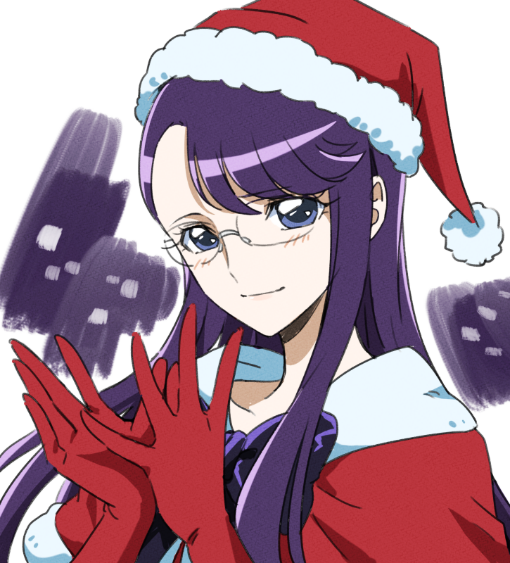 1girl asymmetrical_bangs bangs black_neckwear blue_eyes blush capelet eyebrows_visible_through_hair floating_hair fur-trimmed_capelet fur-trimmed_headwear fur_trim glasses gloves hat heartcatch_precure! long_hair looking_at_viewer precure purple_hair red_capelet red_gloves red_headwear rimless_eyewear santa_costume santa_hat shiny shiny_hair solo swept_bangs tsukikage_oyama tsukikage_yuri upper_body white_background