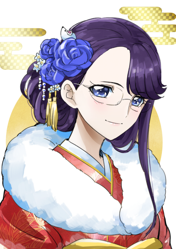 1girl asymmetrical_bangs bangs blue_eyes blue_flower blue_rose floral_print flower fur-trimmed_kimono fur_trim furisode glasses hair_flower hair_ornament heartcatch_precure! japanese_clothes kimono looking_at_viewer precure print_kimono purple_hair red_kimono rimless_eyewear rose shiny shiny_hair solo swept_bangs tsukikage_oyama tsukikage_yuri upper_body white_background