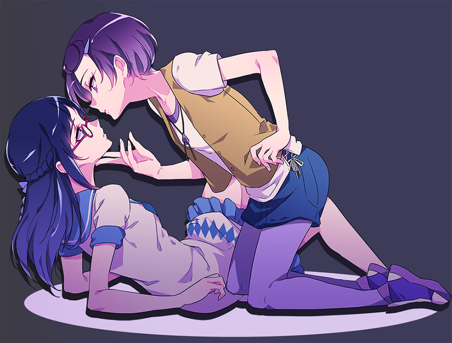 2girls blue_eyes blue_hair blue_sailor_collar blue_skirt braid collarbone crown_braid dokidoki!_precure dress eye_contact glasses grey_background grey_ribbon hair_ribbon hishikawa_rikka imminent_kiss kenzaki_makoto kneeling leaning_back long_hair looking_at_another miniskirt multiple_girls negom pantyhose parted_lips pleated_skirt precure purple_hair purple_legwear red-framed_eyewear ribbon sailor_collar sailor_dress shiny shiny_hair shirt short_dress short_hair short_sleeves simple_background skirt skirt_under_dress white_dress white_shirt yuri