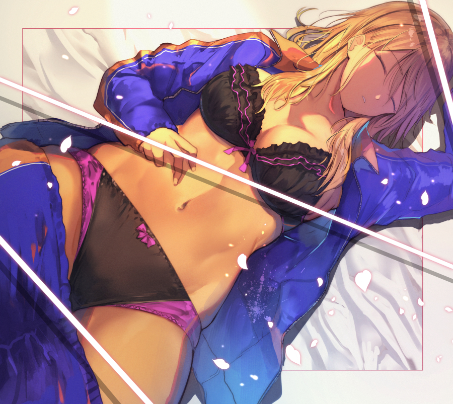 1girl bed_sheet black_bra black_panties blonde_hair bow bow_panties bra breasts brown_hair cafe_au_lait_(kafeore) closed_eyes collarbone eyebrows_visible_through_hair frilled_bra frills gradient_hair gyaru idolmaster idolmaster_shiny_colors izumi_mei jacket jersey kogal large_breasts lying midriff multicolored_hair navel on_back open_clothes open_jacket panties pants_down partially_undressed petals sleeping solo thighs toned track_jacket track_suit underwear