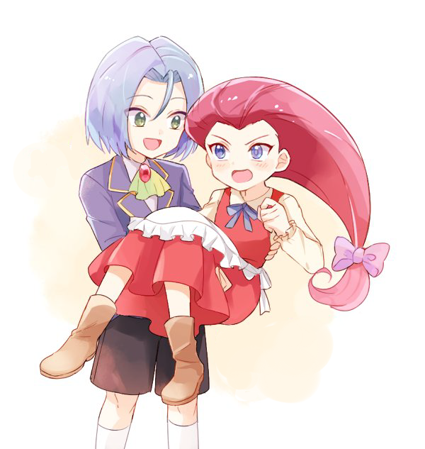 1boy 1girl :d ascot black_shorts blazer blue_eyes blue_hair blue_jacket blue_ribbon blush bow brown_footwear carrying commentary_request dress eye_contact feet_out_of_frame green_eyes hair_bow jacket kojirou_(pokemon) long_hair looking_at_another mei_(maysroom) musashi_(pokemon) open_mouth pink_bow pokemon pokemon_(anime) princess_carry red_dress redhead ribbon shorts simple_background smile socks standing white_background white_legwear younger