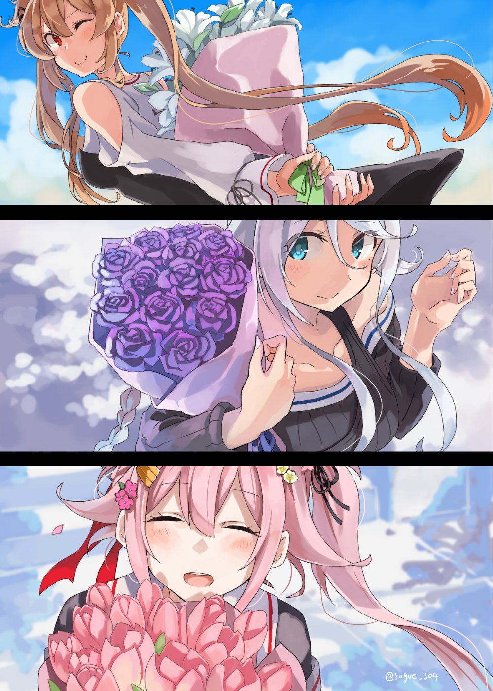 3girls alternate_costume bangs blue_eyes bouquet braid closed_eyes clouds flower hair_flaps hair_ornament hair_ribbon hairclip harusame_(kantai_collection) highres kantai_collection light_brown_hair long_hair long_sleeves mole mole_under_eye multiple_girls murasame_(kantai_collection) off_shoulder one_eye_closed one_side_up pink_flower pink_hair purple_flower red_eyes ribbon rose sailor_collar sidelocks silver_hair sky sugue_tettou tulip twintails twitter_username umikaze_(kantai_collection) upper_body white_flower