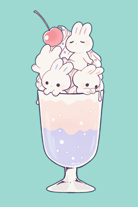 ayu_(mog) blue_background cherry food fruit glass ice_cream no_humans original rabbit signature simple_background