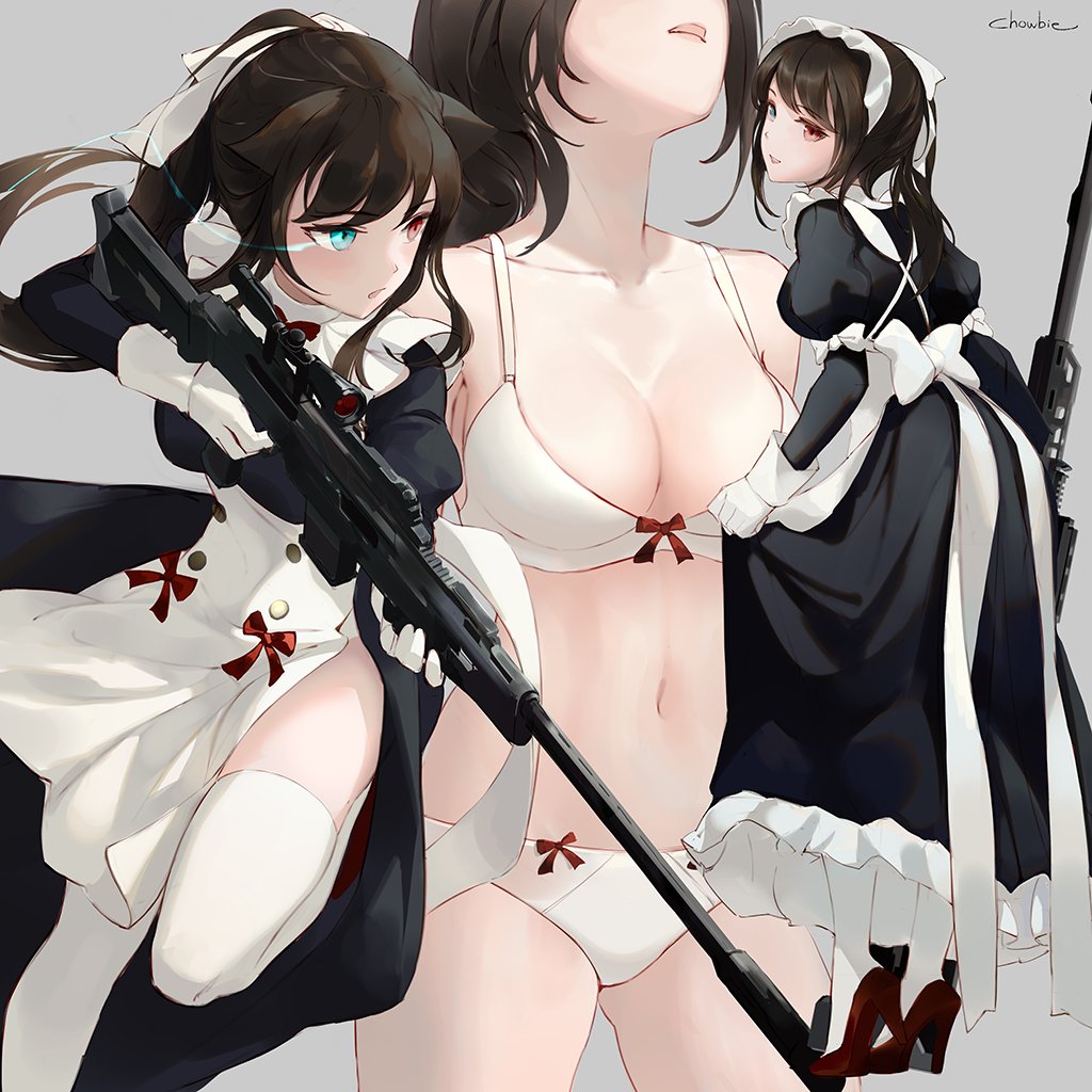 1girl alternate_costume artist_name ass_visible_through_thighs blush bow bow_panties bra breasts brown_hair chowbie cowboy_shot enmaided from_behind gloves grey_background gun heterochromia high_heels long_hair looking_at_viewer maid maid_headdress medium_breasts multiple_views navel open_mouth original panties rifle skirt skirt_lift solo_focus thigh-highs thighs underwear underwear_only weapon weapon_request white_gloves white_legwear