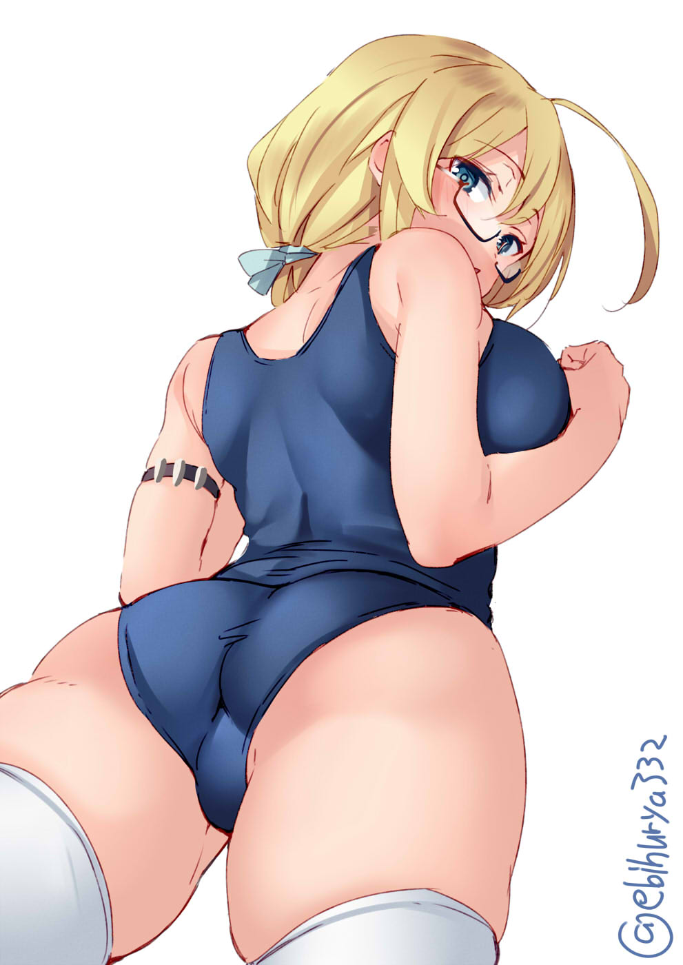 1girl ahoge ass blonde_hair blue_eyes blue_swimsuit blush breasts cowboy_shot ebifurya eyebrows_visible_through_hair glasses hair_between_eyes highres i-8_(kantai_collection) kantai_collection large_breasts long_hair low_twintails no_hat no_headwear one-piece_swimsuit red-framed_eyewear school_swimsuit semi-rimless_eyewear simple_background solo swimsuit thigh-highs twintails twitter_username under-rim_eyewear white_background white_legwear