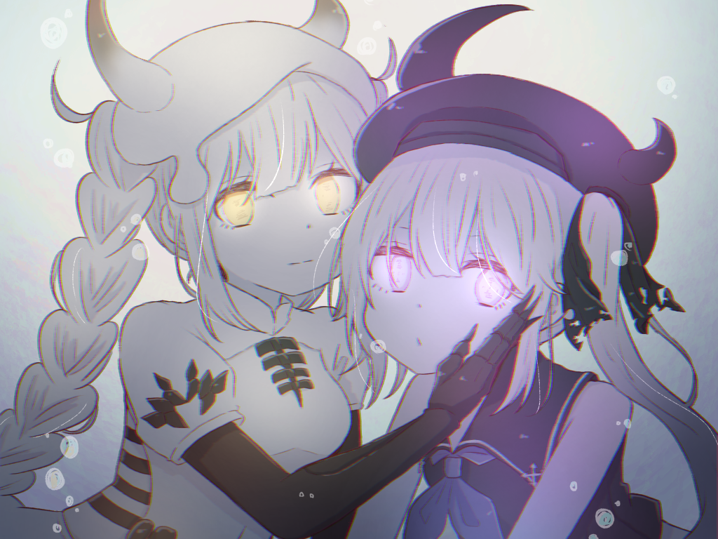 2girls abyssal_nimbus_hime bangs braid claws closed_mouth destroyer_hime dress glowing glowing_eyes grey_background hair_ribbon hand_on_another's_cheek hand_on_another's_face hat kantai_collection long_hair multiple_girls one_side_up pale_skin puffy_short_sleeves puffy_sleeves purple_headwear ren_kun ribbon sailor_collar school_uniform serafuku shinkaisei-kan short_sleeves sidelocks simple_background sleeveless twin_braids violet_eyes white_dress white_hair white_headwear white_skin yellow_eyes