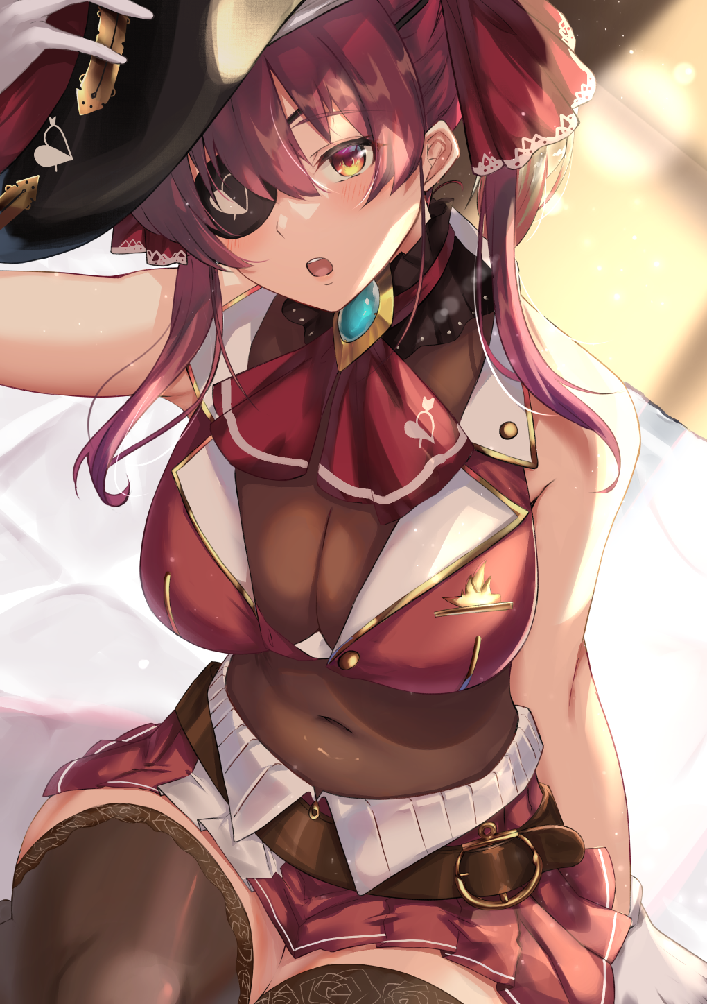 1girl ascot bangs belt blush breasts brooch brown_legwear covered_navel crop_top epaulettes eyepatch gloves hair_between_eyes hat highres hololive houshou_marine jacket jewelry large_breasts long_hair looking_at_viewer one_eye_closed open_mouth pirate_hat red_neckwear red_skirt redhead skirt sleeveless solo thigh-highs twintails virtual_youtuber white_gloves yami_kyon_oov yellow_eyes