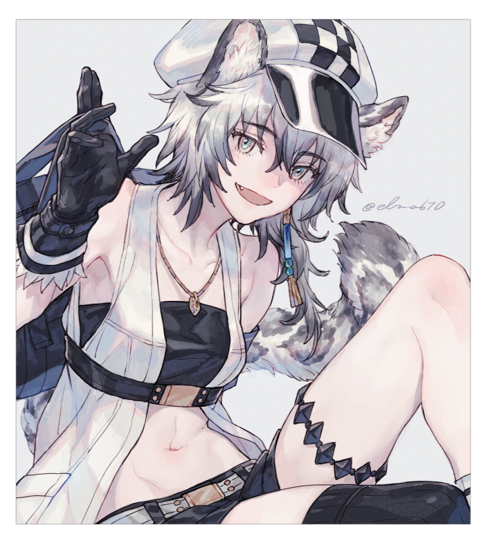 1girl :d animal_ears arknights armpit_peek bandeau belt black_gloves black_hair black_legwear black_shorts breasts cabbie_hat checkered cliffheart_(arknights) commentary elmar eyebrows_visible_through_hair fang gloves grey_background grey_eyes hair_between_eyes hat jacket jewelry leopard_ears leopard_tail looking_at_viewer midriff multicolored_hair navel necklace open_mouth pendant short_hair short_shorts shorts silver_hair simple_background single_earring single_thighhigh sitting sleeveless sleeveless_jacket small_breasts smile solo spotted_fur strapless tail tassel_earrings thigh-highs thigh_strap thighs tubetop twitter_username two-tone_hair waving white_headwear white_jacket