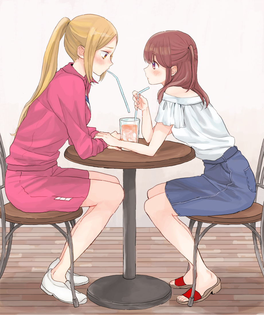 1girl blue_skirt blush chair cup drinking_straw eripiyo eye_contact hand_on_another's_arm ichii_maina indoors jacket leaning_forward long_hair looking_at_another oshi_ga_budoukan_itte_kuretara_shinu ponytail profile red_jacket s_c_k sandals shirt shorts sidelocks sitting skirt table track_suit two_side_up white_footwear white_shirt wooden_floor