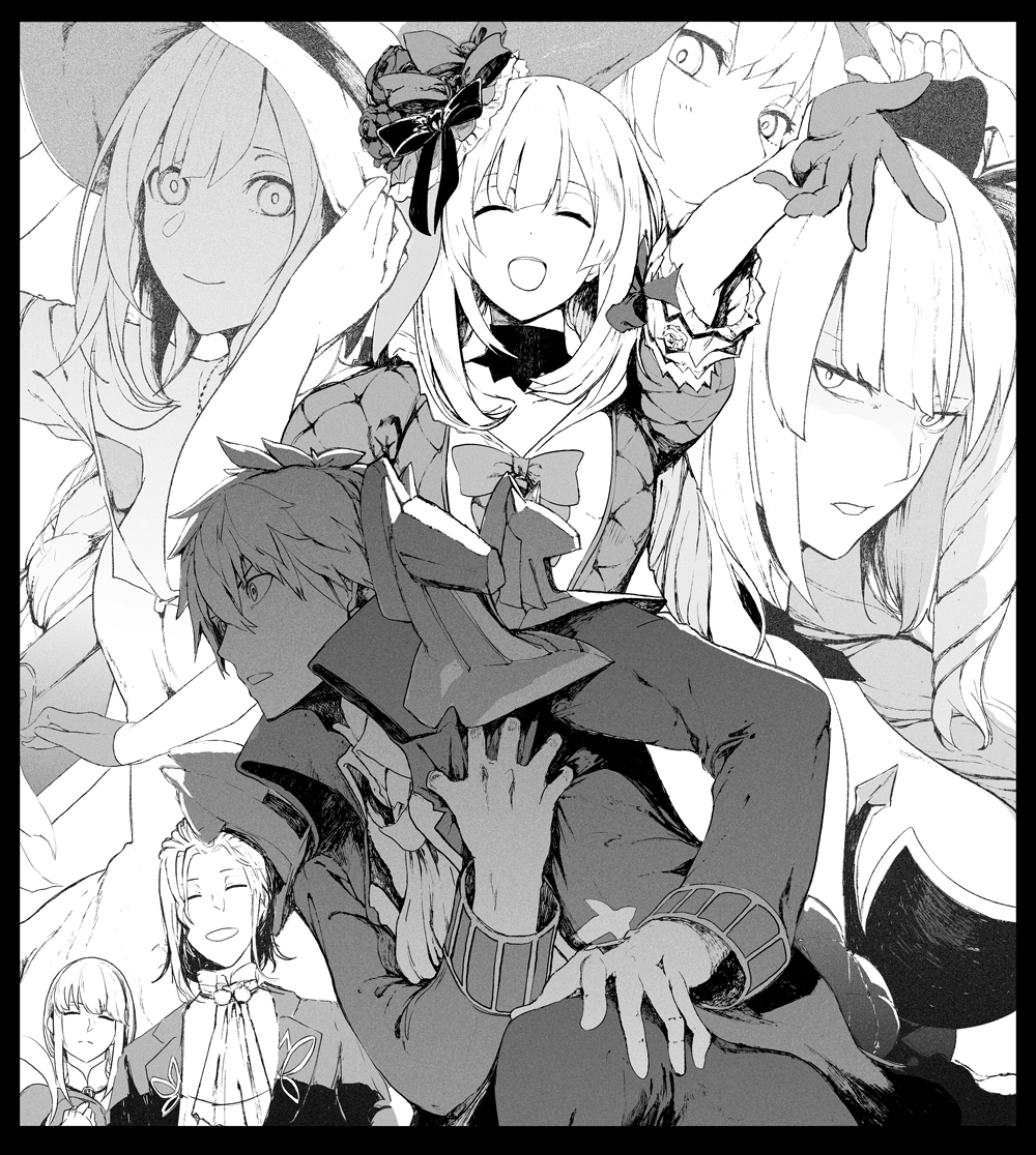 1girl 1other 2boys black_border border bow charles_henri_sanson_(fate/grand_order) chevalier_d'eon_(fate/grand_order) closed_eyes clutching_chest cravat dark_persona fate/grand_order fate_(series) gloves greyscale hat hood marie_antoinette_(fate/grand_order) monochrome multiple_boys multiple_persona pauldrons shoulder_armor smile syatey wolfgang_amadeus_mozart_(fate/grand_order)