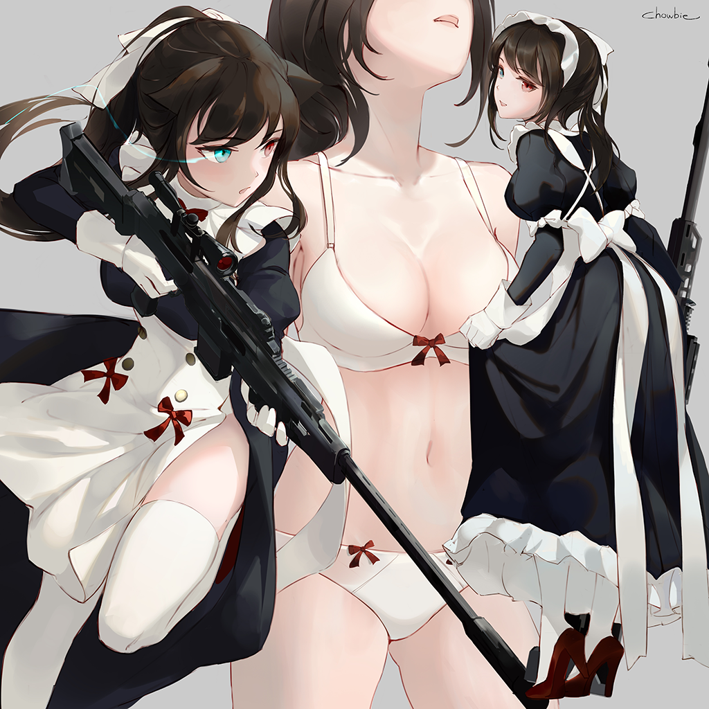 1girl alternate_costume artist_name ass_visible_through_thighs blush bow bow_panties bra breasts brown_hair chowbie cowboy_shot enmaided from_behind gloves grey_background gun heterochromia high_heels long_hair looking_at_viewer maid maid_headdress medium_breasts multiple_views navel open_mouth original panties rifle skirt skirt_lift solo_focus thigh-highs thighs underwear underwear_only weapon white_gloves white_legwear