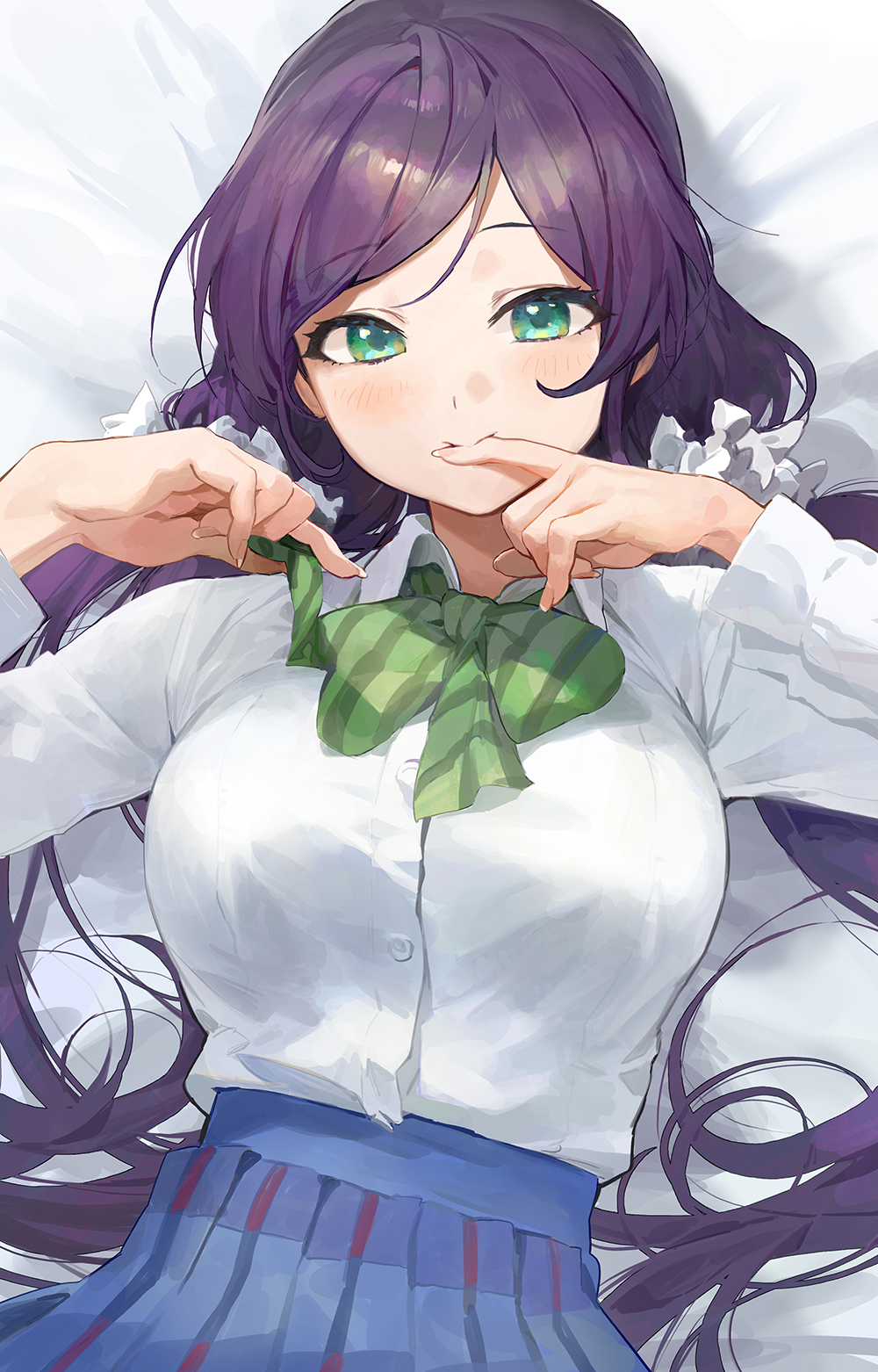 1girl bangs blue_skirt blush breasts collared_shirt commentary_request dress_shirt finger_to_mouth from_above green_eyes green_neckwear hair_ornament hair_scrunchie highres large_breasts long_hair long_sleeves looking_at_viewer love_live! love_live!_school_idol_project low_twintails lying mossi on_back otonokizaka_school_uniform pleated_skirt purple_hair school_uniform scrunchie shirt skirt swept_bangs toujou_nozomi twintails white_scrunchie white_shirt
