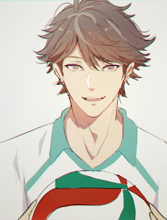 1boy amu_(nsk0) brown_eyes brown_hair haikyuu!! looking_at_viewer male_focus oikawa_tooru_(haikyuu!!) open_mouth simple_background smile solo sportswear upper_body volleyball white_background