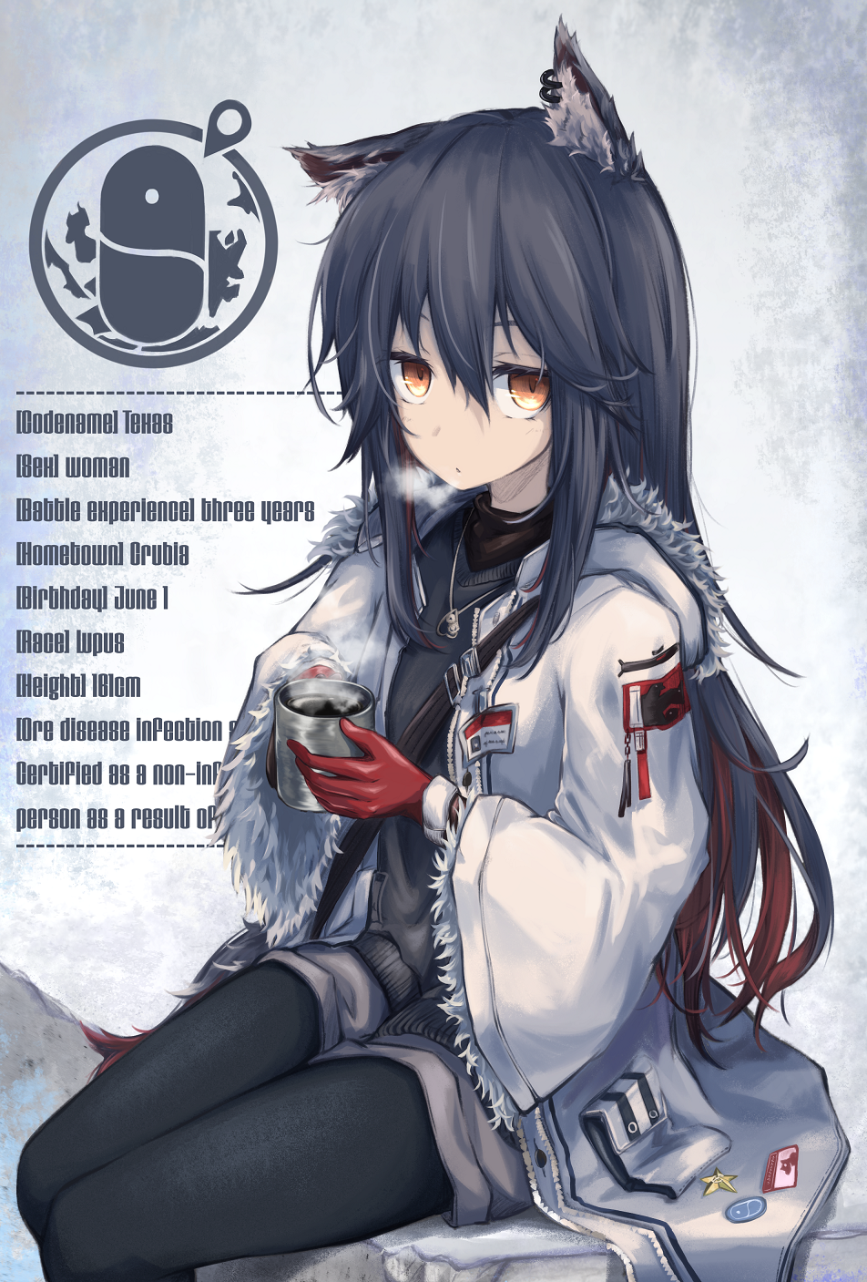 1girl animal_ears arknights background_text black_hair black_legwear breath coffee coffee_mug commentary_request cup english_text expressionless fur-trimmed_jacket fur_trim gloves highres hood hooded_jacket jacket lit_ter long_hair mug orange_eyes pantyhose red_gloves shorts sitting steam texas_(arknights) wide_sleeves wolf_ears