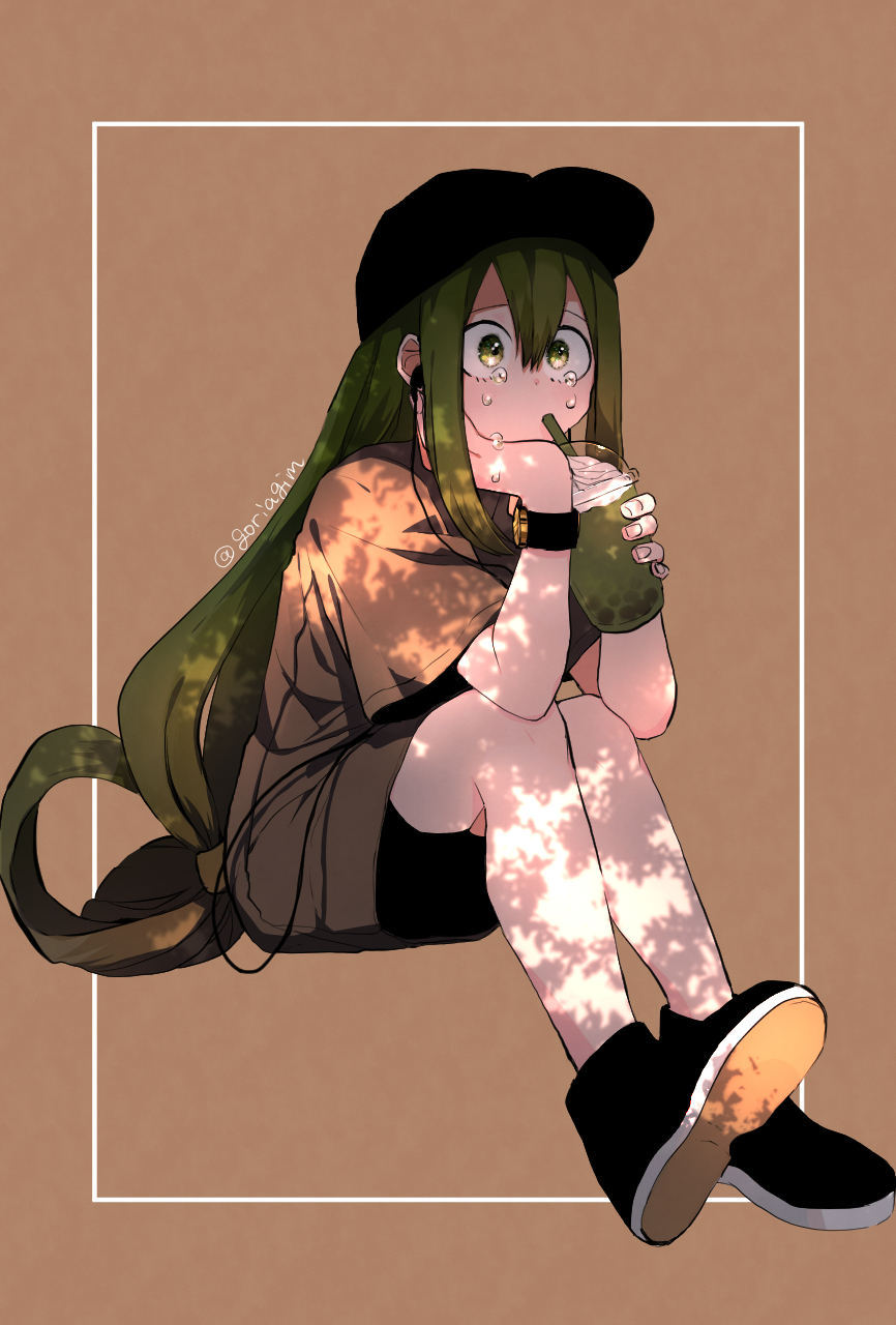 1girl artist_name asui_tsuyu baseball_cap black_footwear black_shorts boku_no_hero_academia border brown_background brown_shirt bubble_tea cable chin_rest commentary_request crying cup earphones elbows_on_knees gim_(gim-gim-3919) green_hair hair_between_eyes hand_on_own_chin hat highres holding holding_cup legs long_hair looking_afar low-tied_long_hair shirt shorts simple_background sitting solo sunlight tears watch watch