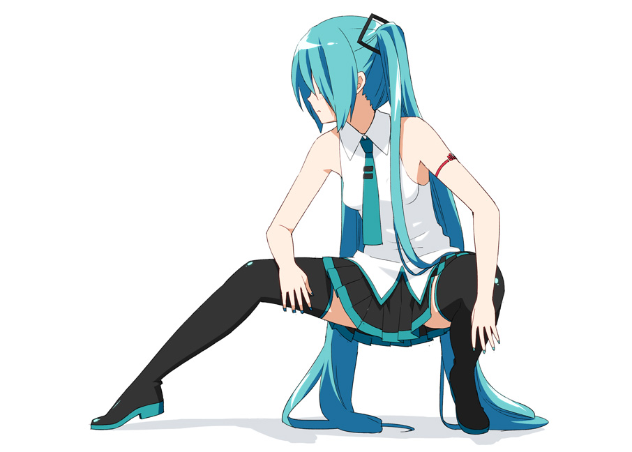 1girl aqua_hair aqua_nails aqua_neckwear bare_shoulders black_legwear black_skirt boots commentary expressionless from_side full_body hair_ornament hair_over_eyes hair_over_one_eye hatsune_miku long_hair miniskirt nail_polish necktie outstretched_leg peko pleated_skirt shadow shirt shoulder_tattoo skirt sleeveless sleeveless_shirt solo squatting tattoo thigh-highs thigh_boots twintails very_long_hair vocaloid vocaloid_(lat-type_ver) white_background white_shirt